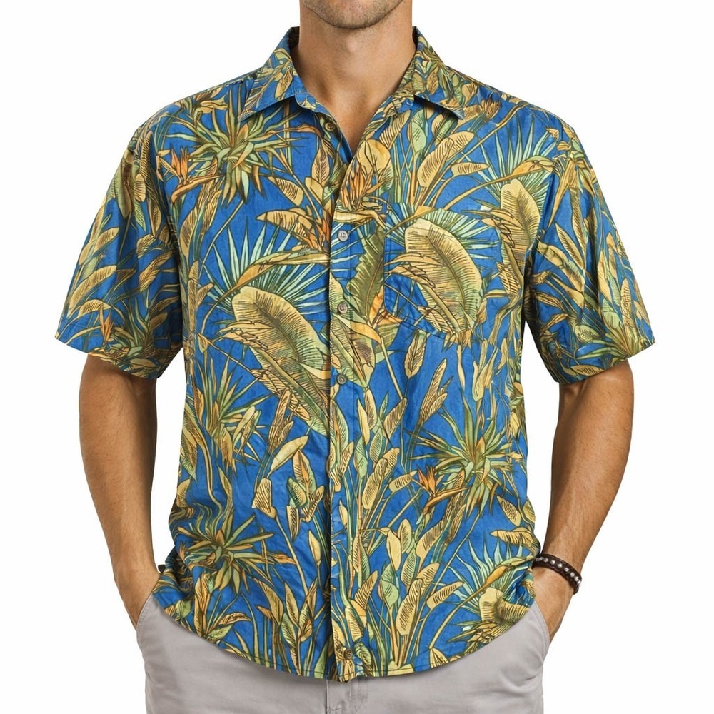 Joe Marlin Hawaiian Aloha Shirt Large Floral Tropical Leaves‎ Blue Tan Green